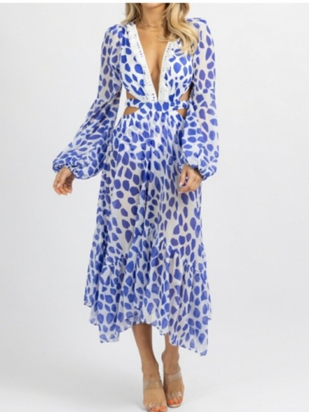 Blue & White Printed Crochet Trim Cut-Out Midi Beach Dress (Sz L)
